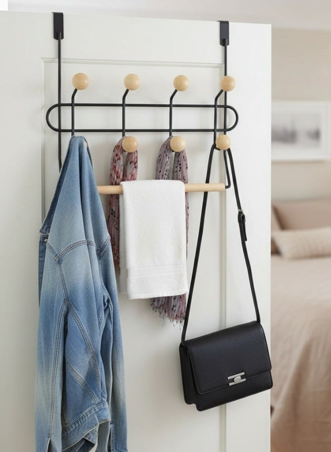 خطافات 8 كرة مع قاعدة تعليق للأبواب – حل تخزين عملي وأنيق لتعليق الملابس، الشماعات، المناشف، الحقائب والإكسسوارات في المنزل بسهولة دون الحاجة لتركيب أدوات إضافية، المعدن المطلي – شماعة متعددة الاستخدامات للملابس والمناشف والحقائب، مناسبة لغرف النوم والمطابخ والحمامات، علاقة باب قوية بدون مسامير بلون أسود أنيق - Image 1